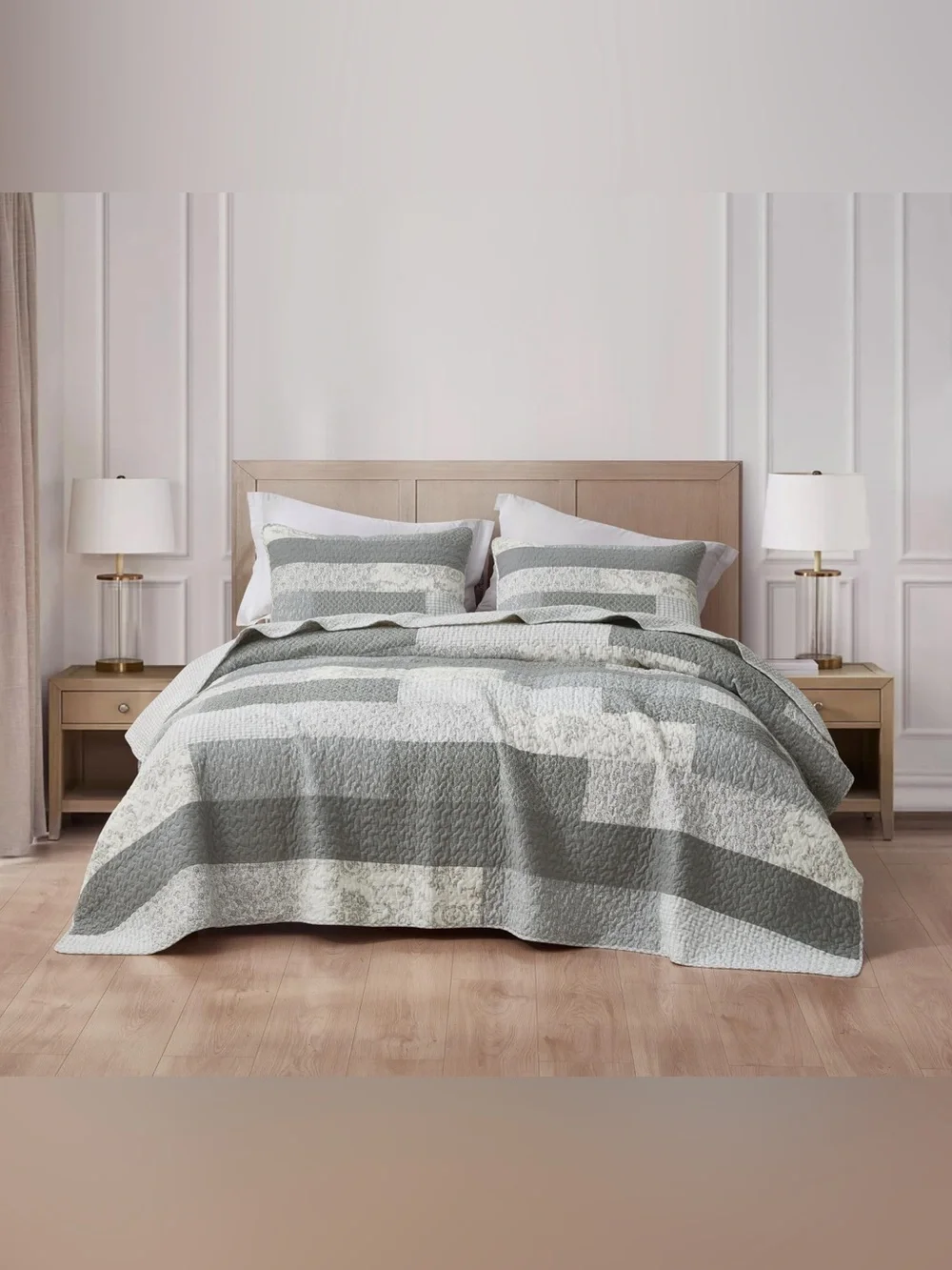 Gray and Cream Striped king 3 piece Quilted 100% cotton